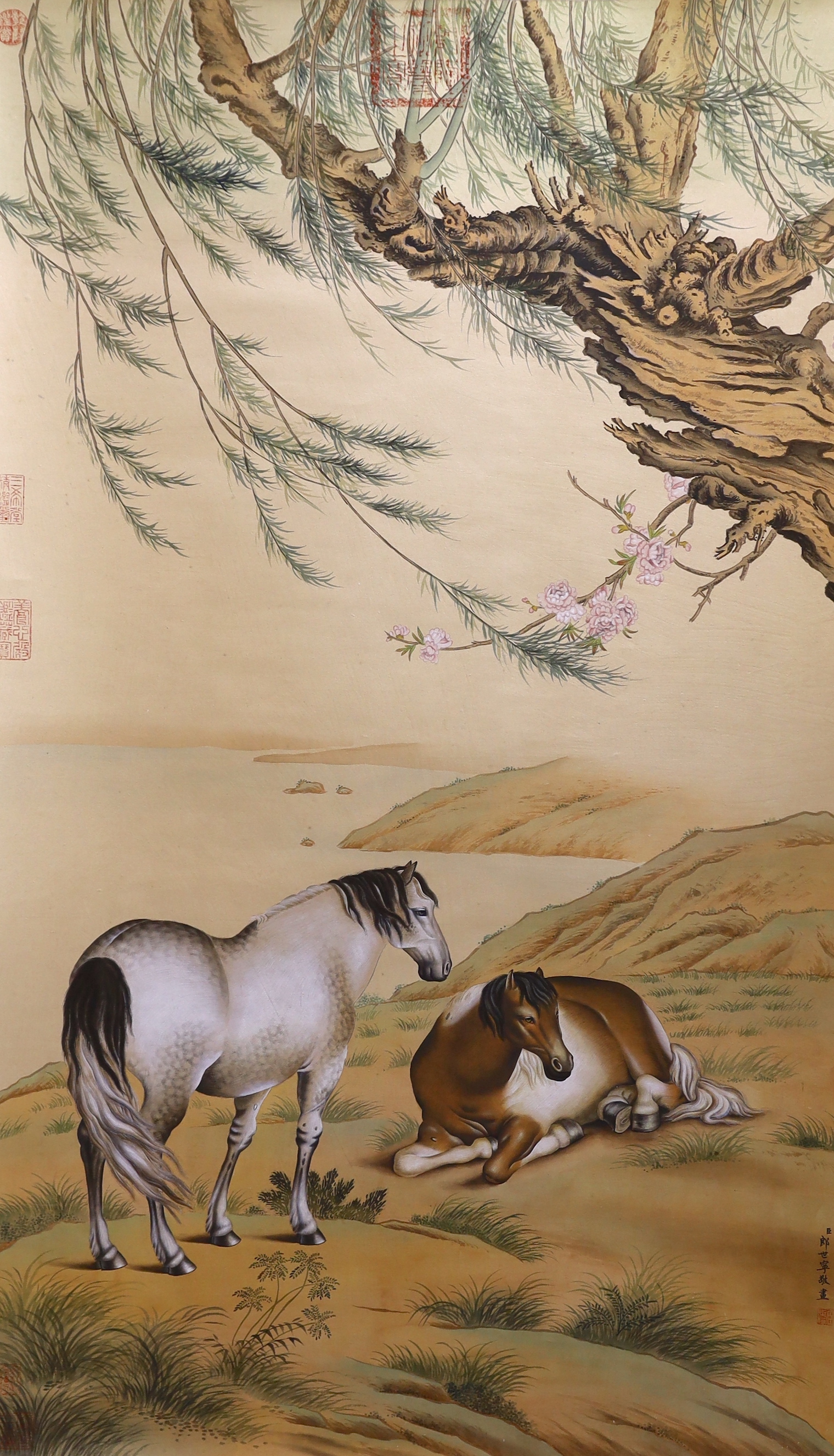 After Giuseppe Castiglione, a Chinese style scroll painting of horses, 188cm in length overall